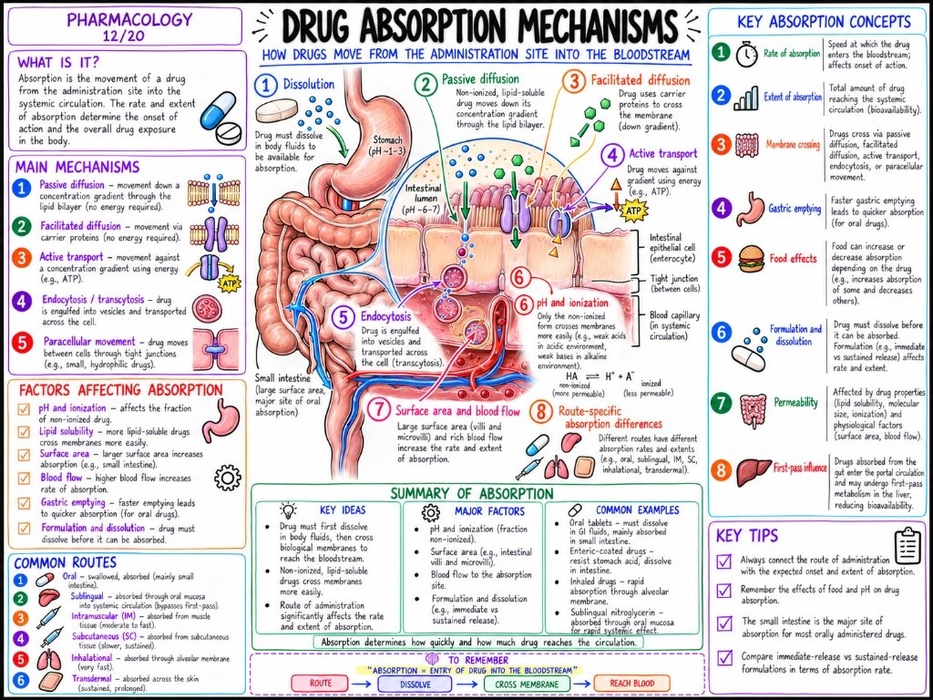 Pharmacology 12/20: Drug Absorption Mechanisms — Passive Diffusion, Active Transport, pH & Ionization